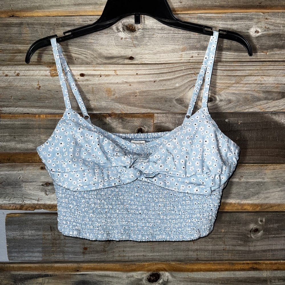 American Eagle- size large- floral print- light blue- slightly faded- crop top
